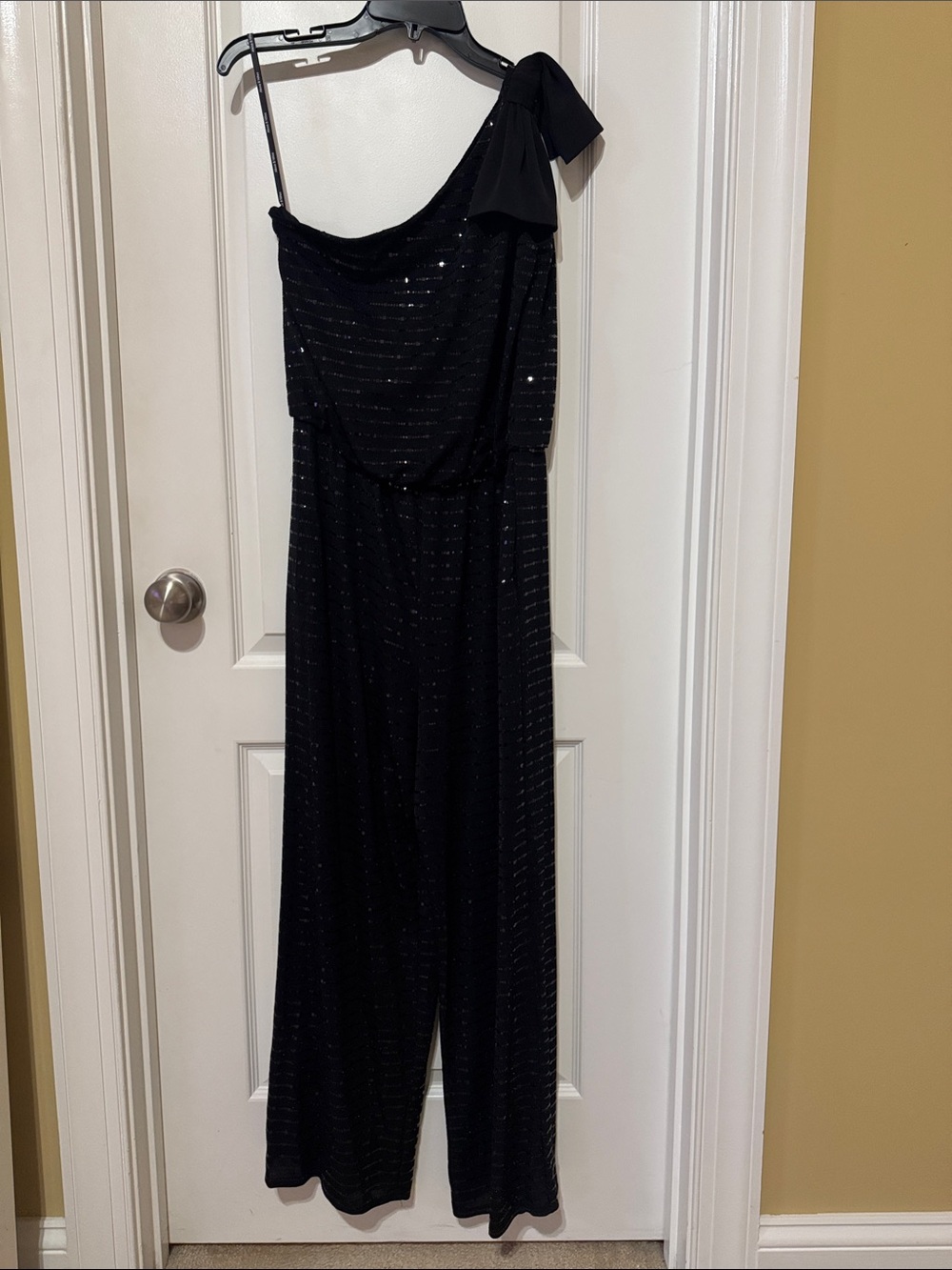 Black One-Shoulder Sequin Jumpsuit with Tie Detail